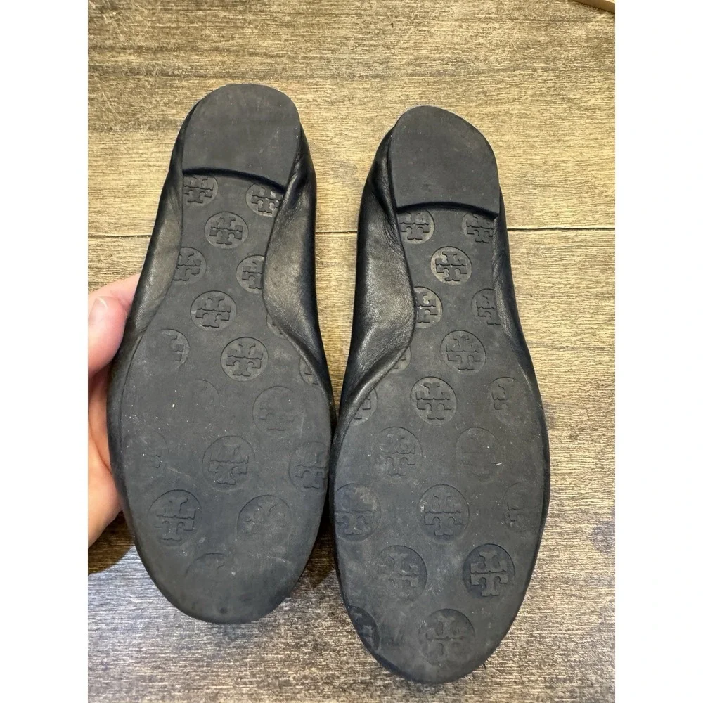Authentic Tory Burch Claire Black Size 6.5 7 Ballet Flats Gold Logo Medallion